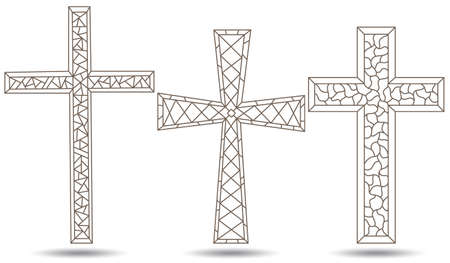 The illustrations in the stained glass style with a contoured Christian crosses, dark outlines on white backgroundのイラスト素材