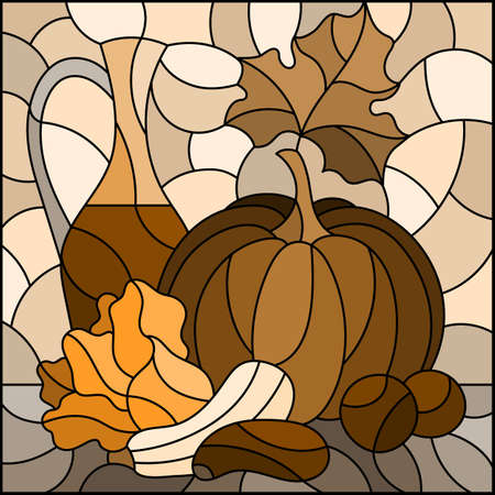 Illustration in stained glass style with still life, vegetables and a bottle of wine, square image, tone brownのイラスト素材