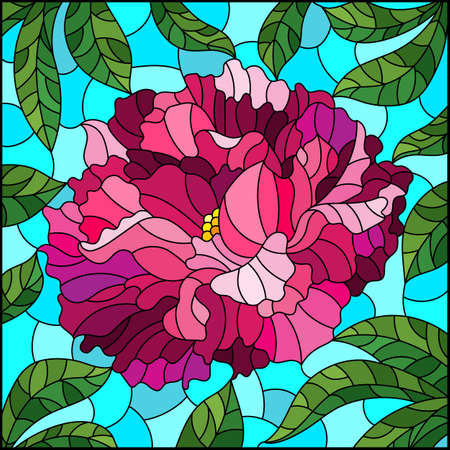 Illustration in stained glass style with a bright pink peony flower on a blue background, square imageのイラスト素材