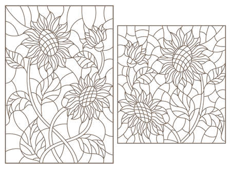 A set of contour illustrations of stained glass Windows with sunflowers, dark contours on a white background, rectangular imagesのイラスト素材