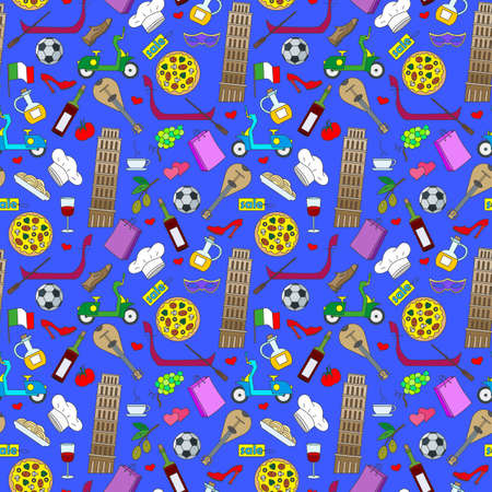 Seamless pattern on the theme of journey in the country of Italy, simple color icons on blue backgroundのイラスト素材