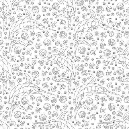 Seamless illustration with dark contour abstract swordfish, and shells, outline animals on a white backgroundのイラスト素材