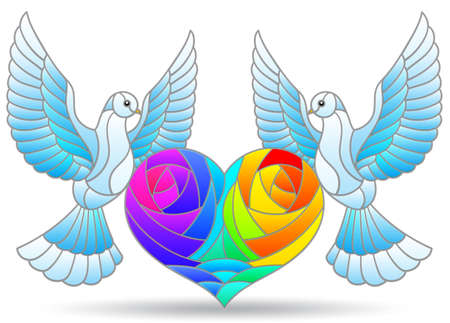 A set of stained glass illustrations with pigeons and hearts, animals isolated on a white backgroundのイラスト素材