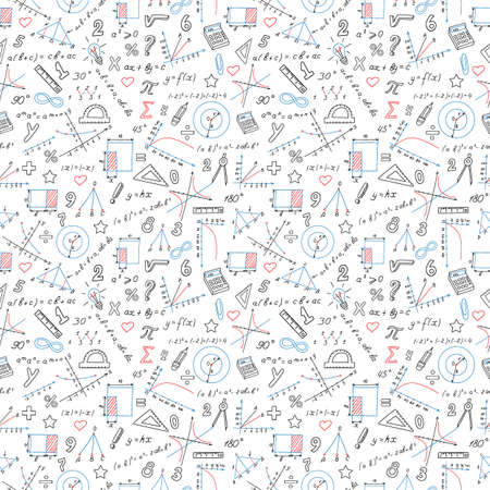 Seamless background with formulas and charts on the topic of mathematics and education, colored marker on white backgroundのイラスト素材