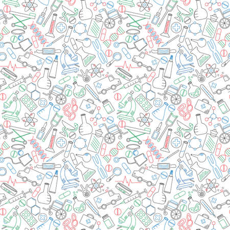 Seamless background with simple icons on a theme medicine and health, colored marker on white backgroundのイラスト素材