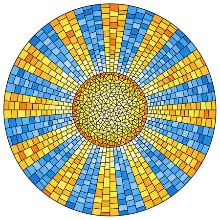 Illustration in stained glass style with abstract celestial landscape, sun with rays against the sky, round imageのイラスト素材