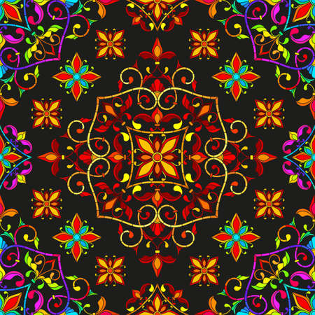 Seamless pattern with abstract patterns and flowers on a black background