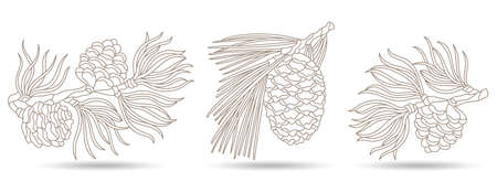 A set of contour illustrations in the style of stained glass with fir cones, isolated on a white backgroundのイラスト素材