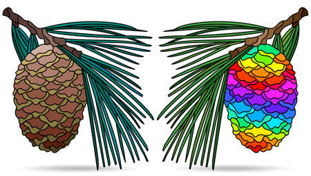 A set of illustrations in the style of stained glass with cedar cones, isolated on a white backgroundのイラスト素材