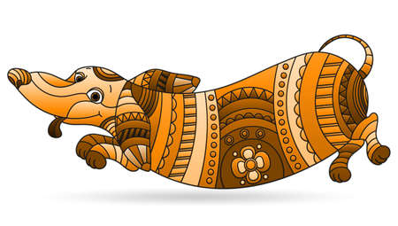 Illustration in stained glass style with abstract fun dog Dachshund, tone brown dog isolated on a white backgroundのイラスト素材