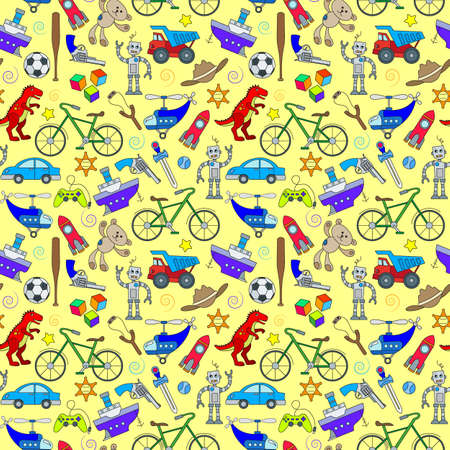 Seamless pattern on the theme of childhood and toys, toys for boys, color icons on a yellow backgroundのイラスト素材