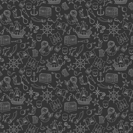 Seamless illustration of the topic of piracy and sea travel outline icons, light contour on a dark backgroundのイラスト素材