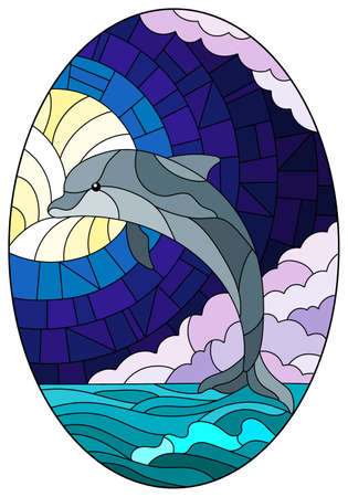 Illustration in the style of a stained glass window with dolphins on the background of the night sky and the sea, oval imageのイラスト素材