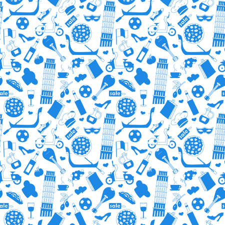 Seamless pattern on the theme of journey in the country of Italy,a blue silhouettes of icons on white backgroundのイラスト素材