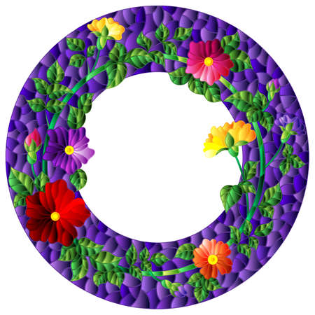 Illustration in the stained glass style with a frame with bright flowers on a blue background, round imageのイラスト素材