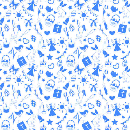 Seamless pattern with simple contour icons on a theme the holiday of Easter , blue silhouettes icons on a white backgroundのイラスト素材