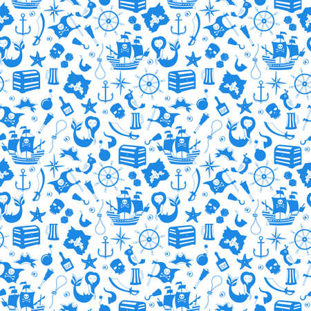 Seamless illustration of the topic of piracy and Maritime travel ,blue silhouettes icons on a white backgroundのイラスト素材