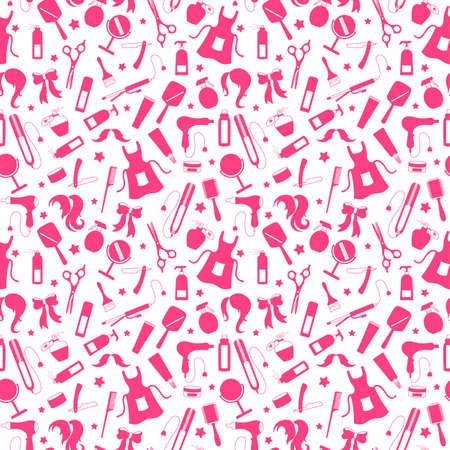 Seamless pattern on the theme of the Barber shop, the tools and accessories of the hairdresser, a simple contour icons, pink silhouettes icons on a white backgroundのイラスト素材