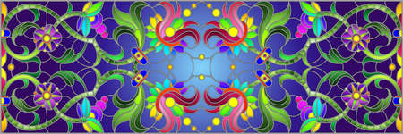 Illustration in stained glass style with abstract flowers, leaves and curls on a blue background, rectangular horizontal imageのイラスト素材