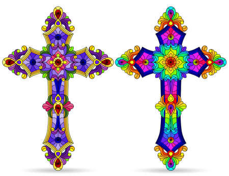 A set of stained glass illustrations with Christian crosses isolated on a white backgroundのイラスト素材