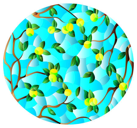 An illustration in the style of a stained glass window with apple tree branches, branches with leaves and fruits on a blue sky background, oval imageのイラスト素材
