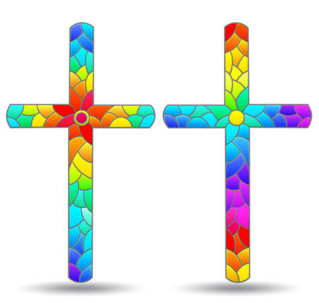 The illustrations in the stained glass style with set of Christian cross isolated on a white backgroundのイラスト素材