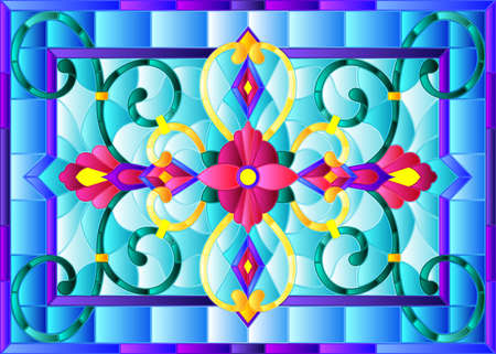 llustration in stained glass style with abstract swirls,flowers and leaves on a light background,horizontal orientationのイラスト素材
