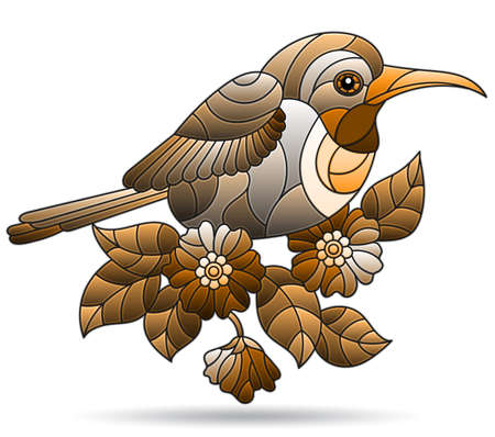 A stained glass illustration with a bird, flowers and leaves, isolated on a white background, tone brownのイラスト素材