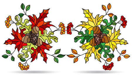 A set of stained glass-style illustration with autumn compositions, leaves, berries and fruits isolated on a white backgroundのイラスト素材