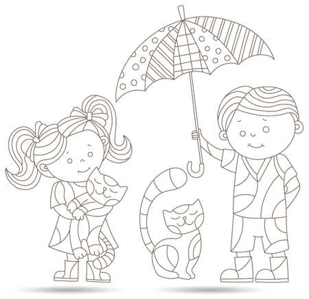 A set of contour illustrations in the style of stained glass with a boy and a girl under an umbrella, figures isolated on a white backgroundのイラスト素材