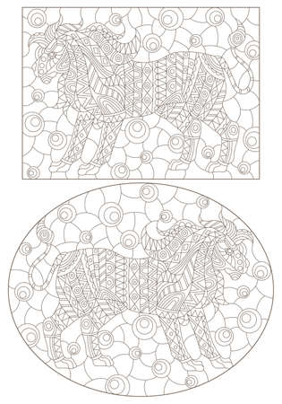 A set of contour illustrations in the style of stained glass with abstract lions, dark contours on a white backgroundのイラスト素材
