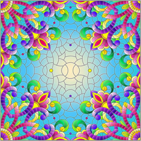 Illustration in the style of stained glass with abstract patterns and flowers, square imageのイラスト素材