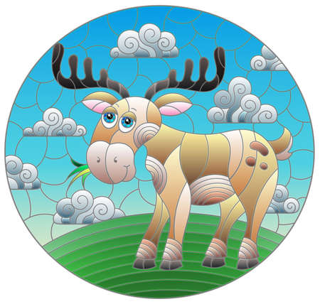 Illustration in the style of a stained glass window with a cute cartoon moose on the background of a green meadow and a cloudy skyのイラスト素材