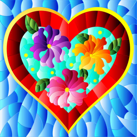 Illustration in stained glass style with bright red heart and flowers on blue backgroundのイラスト素材