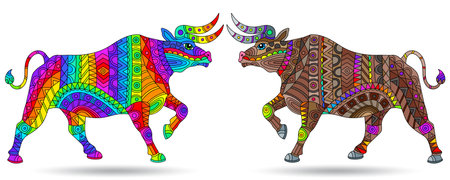 A set of stained glass illustrations with abstract bulls, animals isolated on a white backgroundのイラスト素材