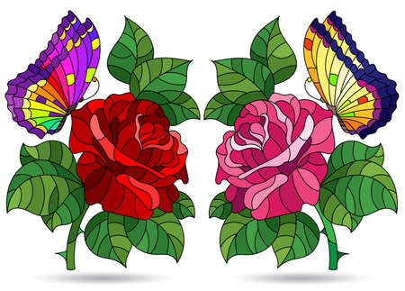A set of illustrations in a stained glass style with bright rose flowers, isolated on a white backgroundのイラスト素材