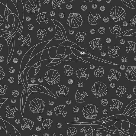 Seamless illustration with contour abstract swordfish, and shells,light outline animals on a dark backgroundのイラスト素材