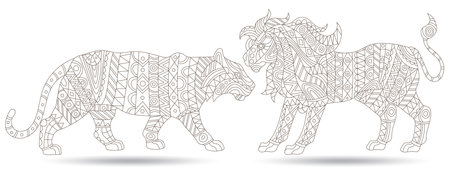 A set of contour illustrations in the style of stained glass with abstract lion and tiger, dark contours isolated on a white backgroundのイラスト素材