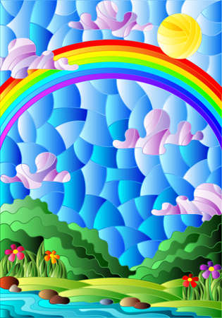 Illustration in stained glass style with a summer landscape , a rainbow against a Sunny sky, flowers and a streamのイラスト素材