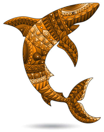 A stained glass illustration with an abstract shark, an animal isolated on a white background, tone brownのイラスト素材