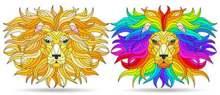A set of illustrations in the style of stained glass with portraits of lions, muzzles isolated on a white backgroundのイラスト素材