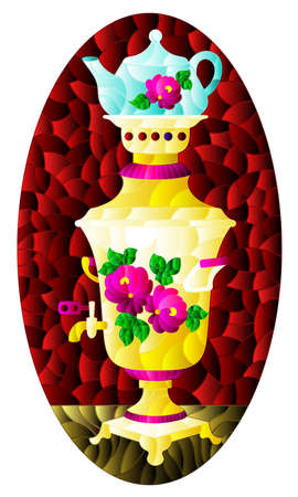 Illustration in the style of stained glass with a bright painted russian samovar on the table on a red background, oval imageのイラスト素材