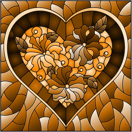 Illustration in stained glass style with heart and flowers, tone brownのイラスト素材