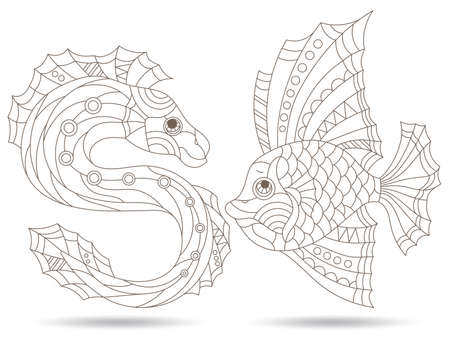 Set of contour illustrations in the style of stained glass with abstract fish, dark outlines on a white backgroundのイラスト素材