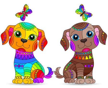Set of stained glass elements with funny cartoon dogs , isolated images on white backgroundのイラスト素材