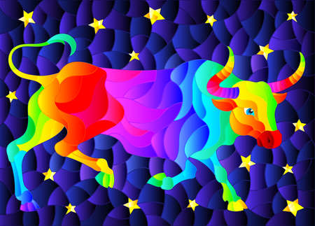 Illustration in stained glass style with an abstract rainbow bull on the background of the night sky...