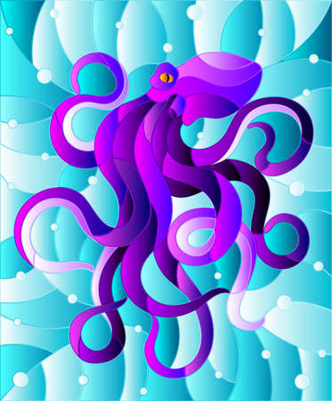 Illustration in stained glass style with abstract purple octopus against a blue sea and bubblesのイラスト素材