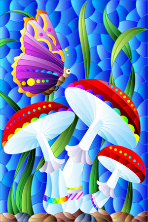 Illustration in the style of a stained glass window with bright mushrooms, grass and a butterfly on a blue background, rectangular imageのイラスト素材