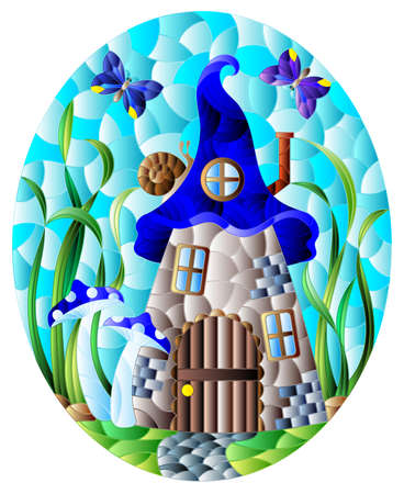 A stained-glass illustration with a fairy-tale dwarf house on a background of grass and blue sky, oval imageのイラスト素材