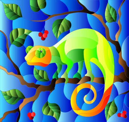 Illustration in stained glass style with bright green chameleon on plant branches background with leaves and berries on blue backgroundのイラスト素材